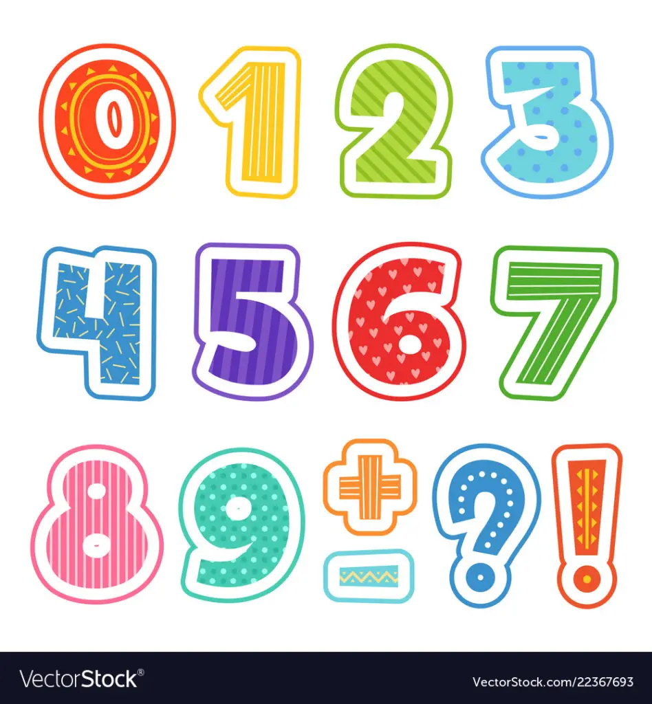 Cartoon numbers. Colored fun alphabet for school kids vector text clipart illustrations isolated